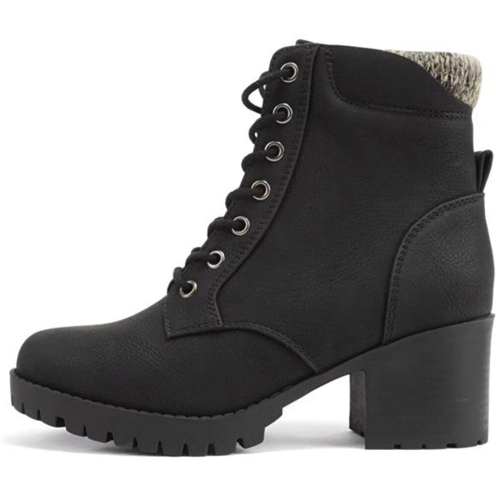 Women Black Winter Lug Sole Chunky Heel Combat Ankle Boot Lace up w/Side Zipper